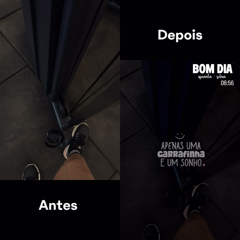 Antes e depois de um Story de academia com mensagem de bom dia