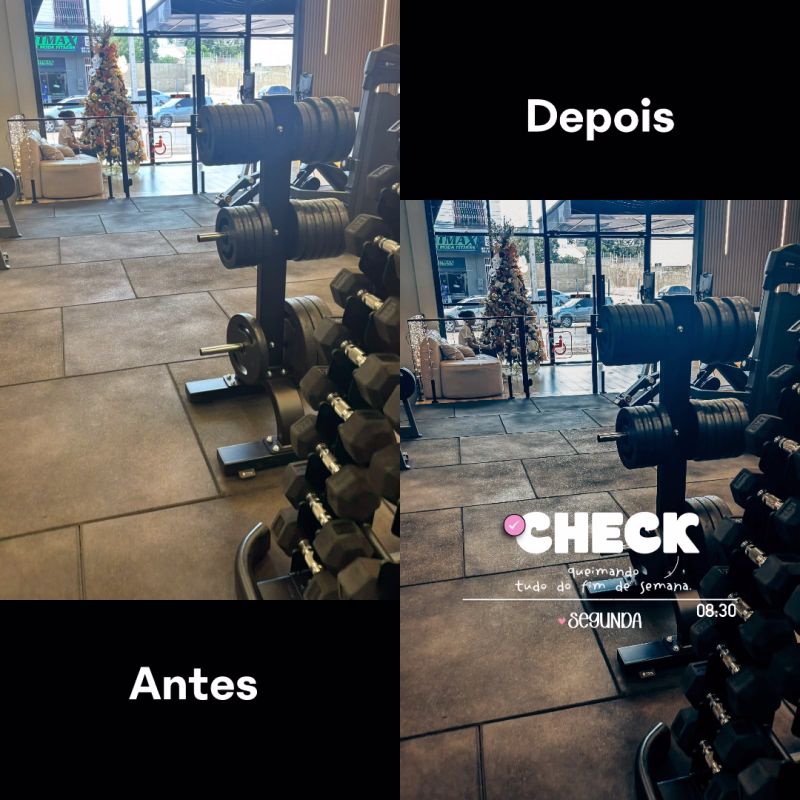 Antes e depois de um Story com halteres e figurinha de treino concluído
