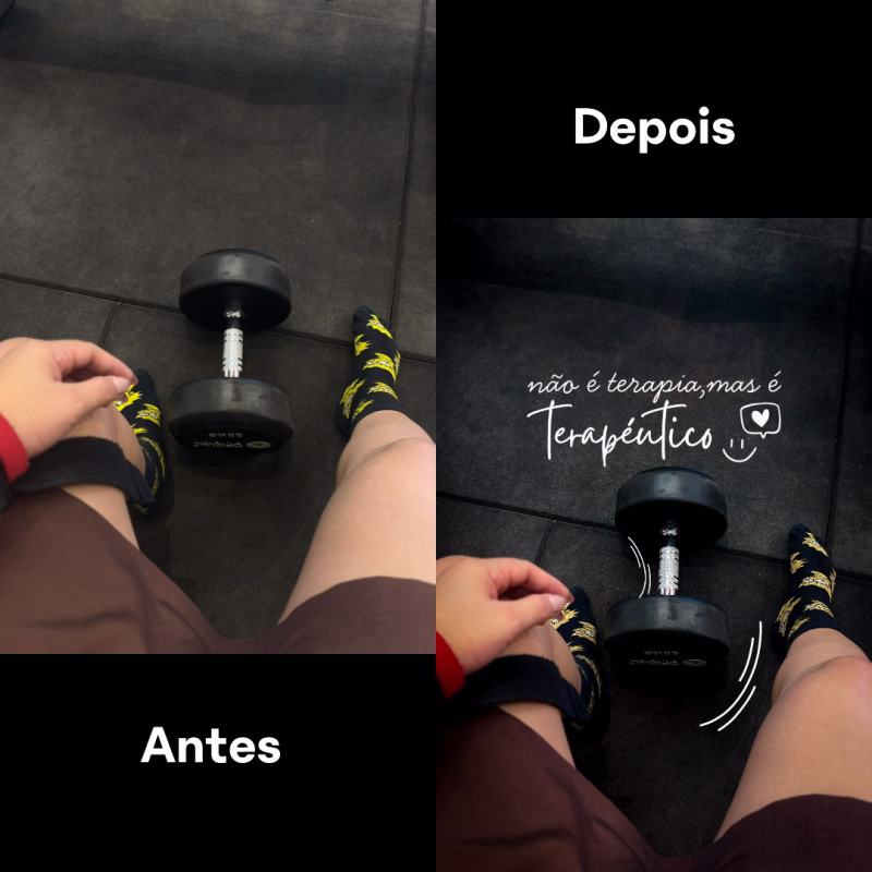 Antes e depois de um Story com halter e frase de foco e disciplina