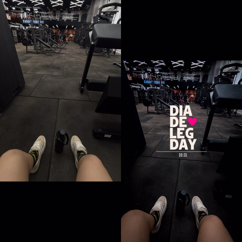 Antes e depois de um Story de academia com figurinha Leg Day
