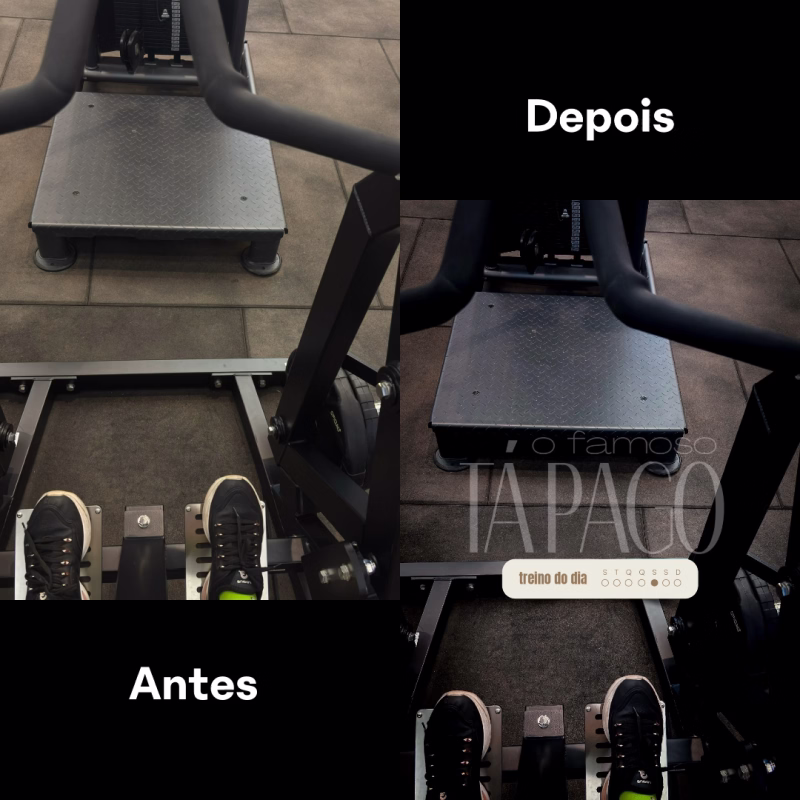 Antes e depois de um Story no aparelho de academia com figurinha Tá pago